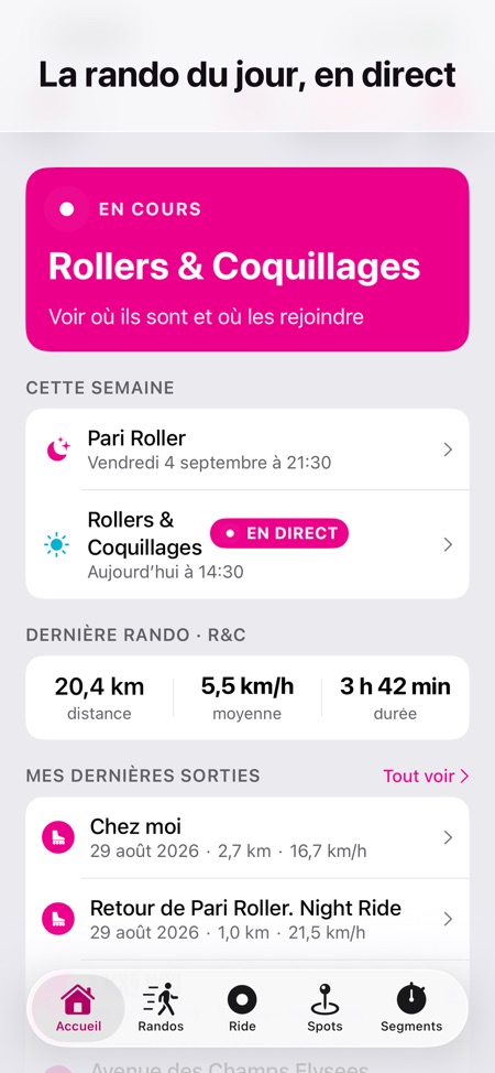 L’accueil de l’app : la rando en cours, la semaine, et les dernières sorties.