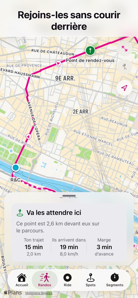 La carte d’une rando en direct, avec le point où aller attendre le peloton.
