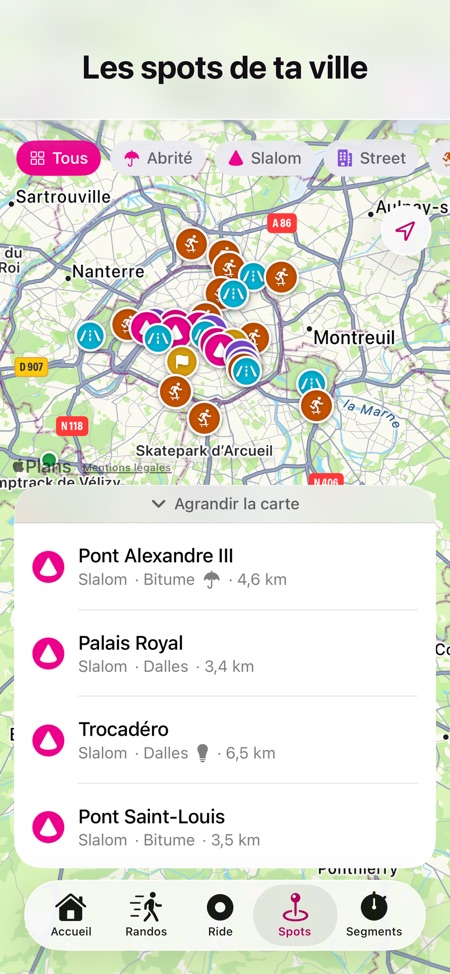 La carte des spots de roller, avec le revêtement et la distance de chacun.
